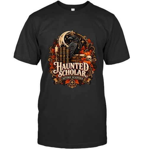 Haunted Scholar T-Shirt graphic design printed on a unisex t-shirt