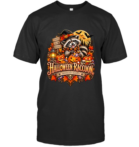 Halloween Raccoon T-Shirt graphic design printed on a unisex t-shirt